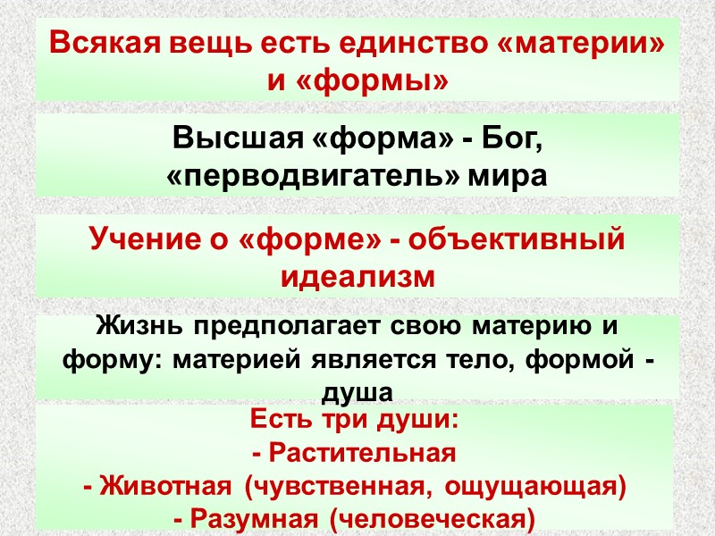 Всякая вещь есть единство «материи» и «формы» Есть три души: - Растительная - Животная